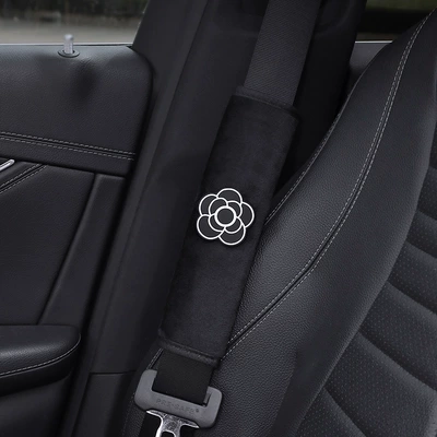 Seat Belt Shoulder Protector Internet Celebrity Cute Camellia Four-Season Car Seat Belt Thickened Protective Cover for a Couple (Seat belt shoulder pad) - short-plush-shoulder-pad-camellia-1-piece