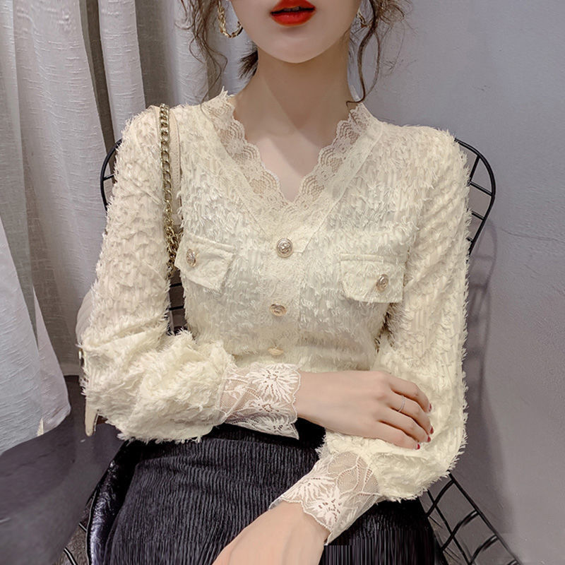 Stylish Long-sleeved Lace Shirt Women's 2022 Autumn New Korean-style V-neck Tassel Shirt All-match Slim-fit Top Trendy Stylish Long-sleeved Lace Shirt Women's 2022 Autumn New Korean-style V-neck Tassel Shirt All-match Slim-fit Top Trendy