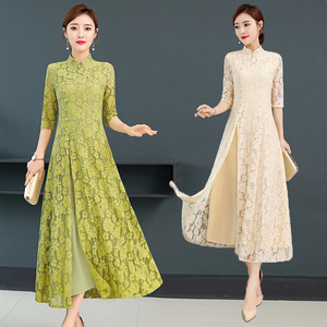 Improved aodai qipao cheongsam chinese dress lace long sleeve Chinese wind robe for women