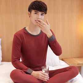 色中厚舒绒修身内衣圆领打底紧身款插色秋衣裤保暖内衣套装男士