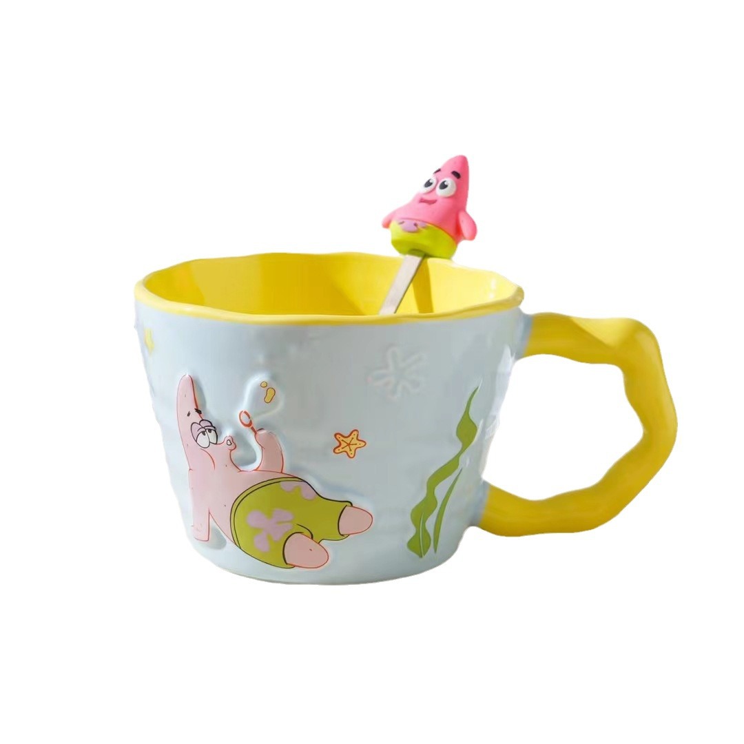 Auténtico autorizado creativo SpongeBob pie de gran estrella de cerámica taza de regalo de gran capacidad de dibujos animados relieve taza de agua