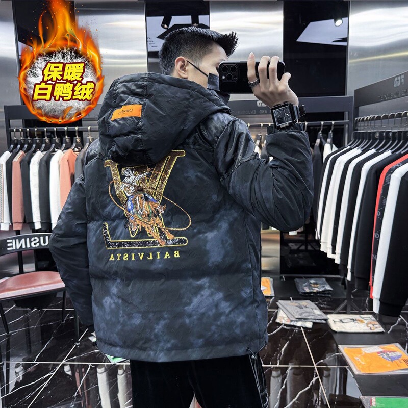 European 2024 New High-end Trendy Brand Embroidered Sequin Hooded Men's Down Jacket Winter Warm White Duck Down Jacket