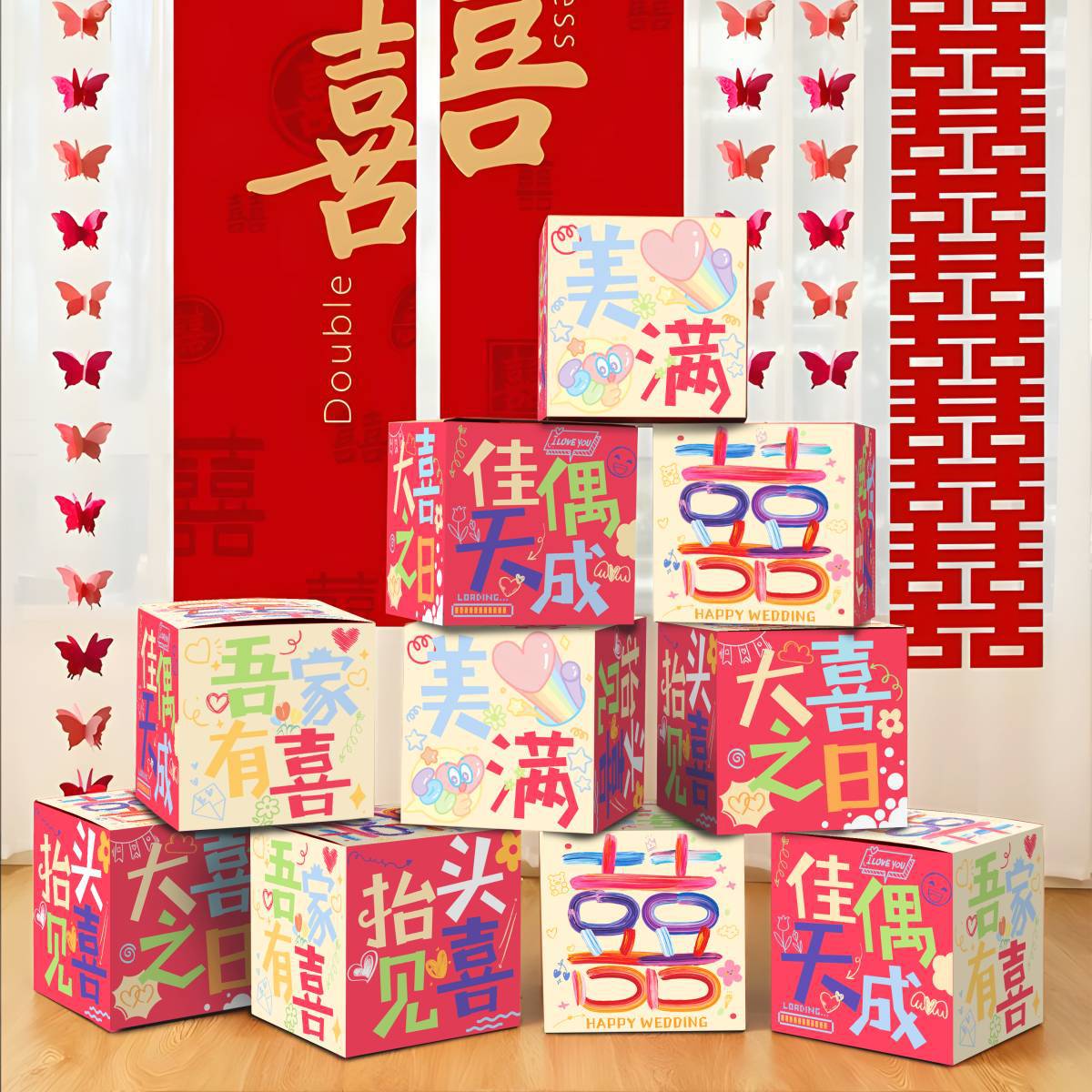 Decoración de la sala de bodas, sala de estar, decoración tridimensional de piso con personajes felices, decoración de boda para hombres y mujeres, compromiso de boda, pila de cabezas, caja feliz