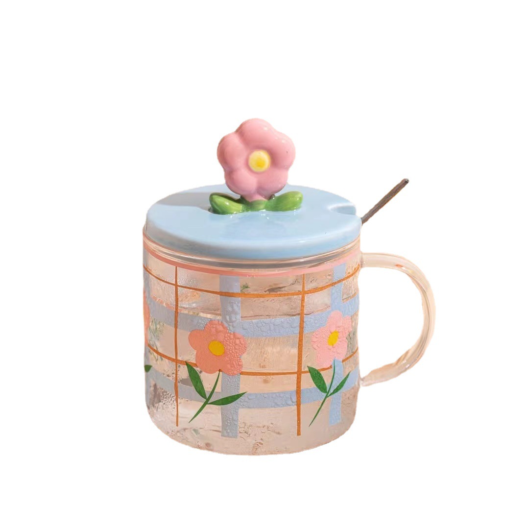 Creativo sol flor regalo personalizado vidrio 3D tridimensional beber taza con tapa cuchara chica Corazón de alta