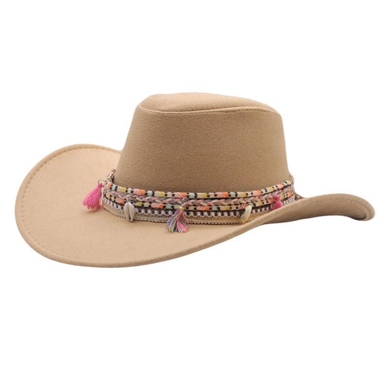 Autumn and Winter new ethnic style woolen hat Women's American Retro curved western cowboy hat trendy big brim Jazz hat