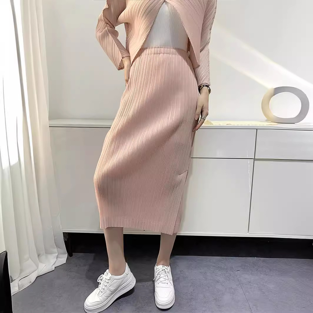 Pleated Skirt for Women with Side Slits, High Waist, Slimming Look, Age-Reducing Mid-Length 2024 Summer Versatile Skirt Niche