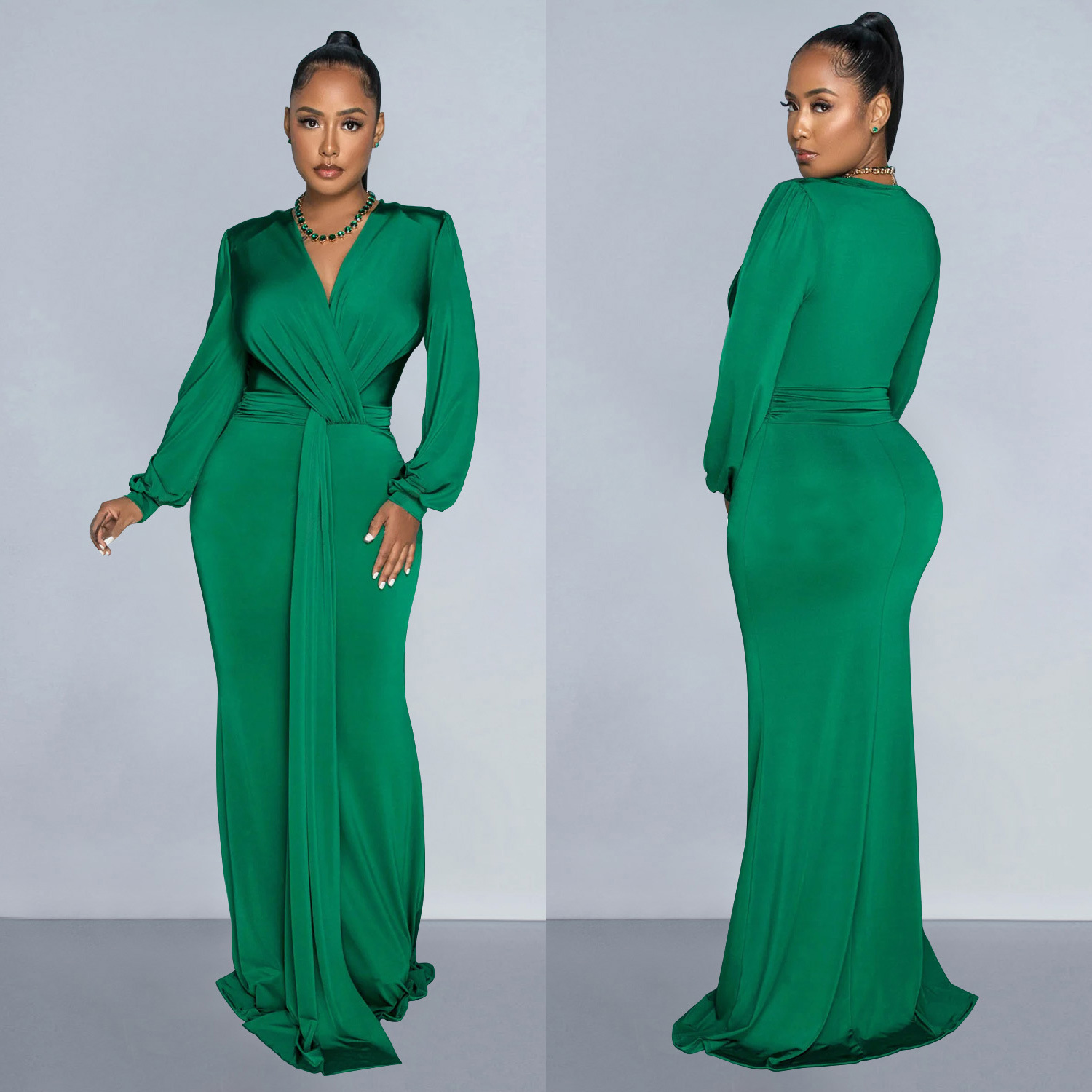 C6796 transfronteriza AliExpress Amazon europeo y americano de las mujeres de color sólido sexy profundo V vestido plisado vestido de las mujeres image 3