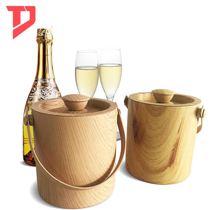 Fábrica al por mayor de acero inoxidable cubo de hielo de grano de madera con tapa de doble capa de barril aislado 1.0L cerveza cubo de hielo bar hotel suministros