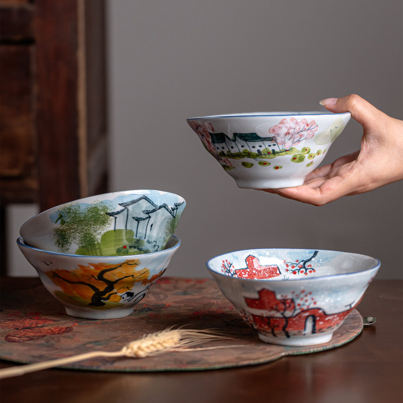 Jingdezhen high-temperature ceramic hand-painted 5inch rice bowl household tableware Chinese-style soup and noodle bowl retro style spring, summer, autumn, and winter bowl