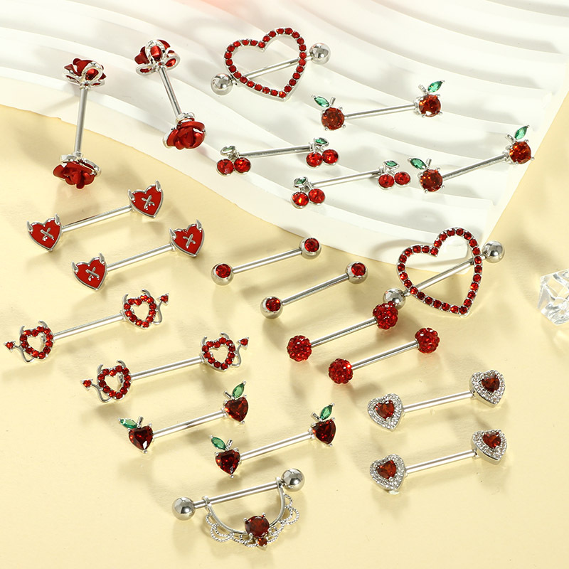 2 Pieces Stainless Steel Red Zircon Nipple Rings Creative Heart Flower Diamond-Studded Nipple Piercing Jewelry detail image 7