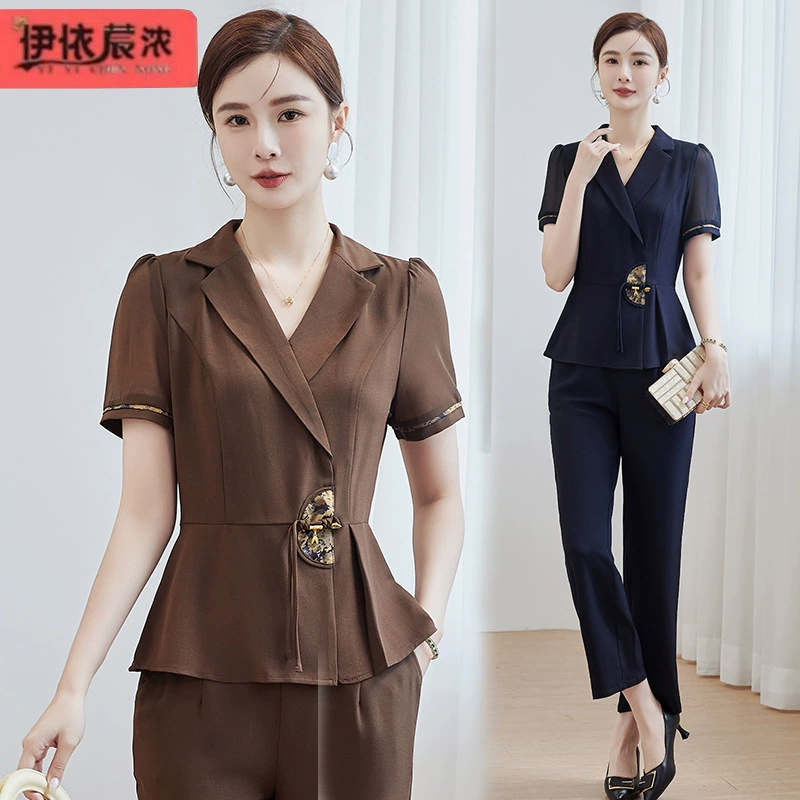 Летняя новая женская мода с короткими рукавами костюм мама 40-летний женский костюм среднего возраста воротник национальный стиль с короткими рукавами костюм женский