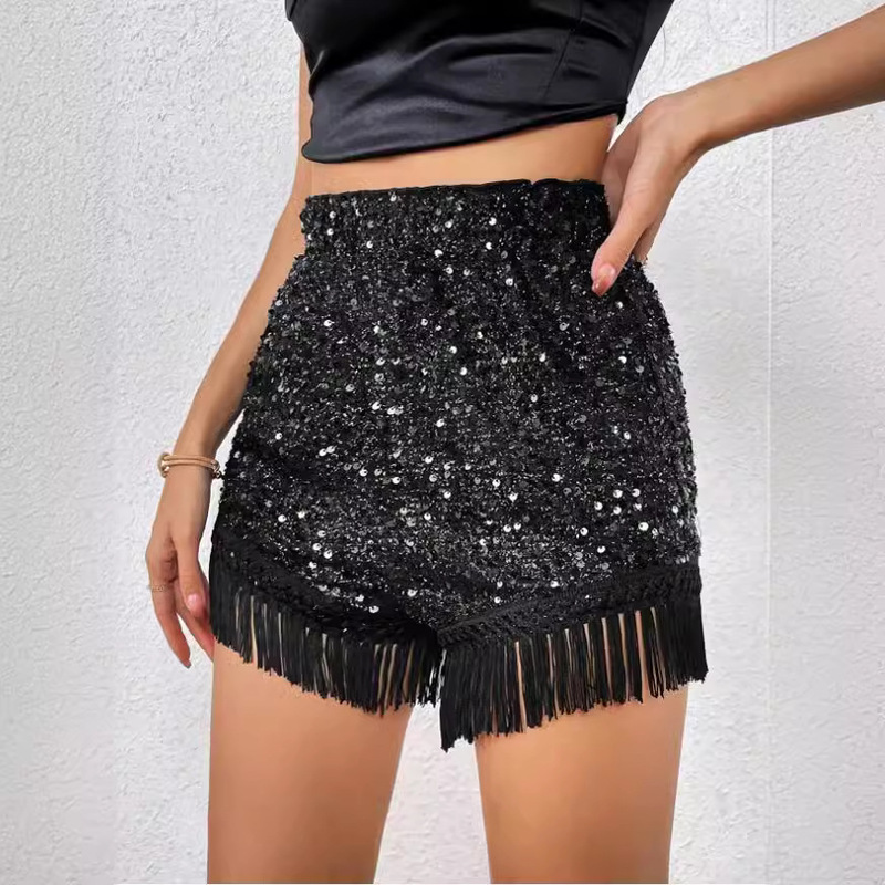 2025 European and American Cross-Border Summer Women's Fashion Sequin Solid Color Shiny Stretchy Sexy Mid-Waist Fringed Shorts