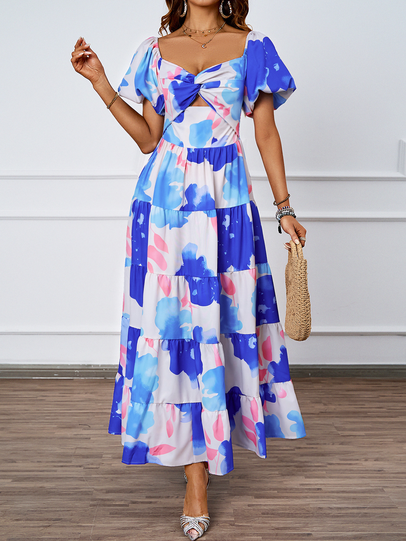 455g Weight Maxi Long Dress Dress Length Type Short Sleeve Sleeve Length Swing Dress Dresses Type Puff Sleeve Sleeve Type Polyester Fabric Type High Waist Waist Line Holiday, Daily Occasion Off Shoulder Neckline Regular Fit Fit Type Color Block, Painted Flower Pattern Summer Season Women's Gender Printing Design Elegant, Streetwear Style Wholesale Women's Elegant Streetwear Printing Color Block Painted Flower  Holiday Daily Off Shoulder Short Sleeve Swing Dress 35