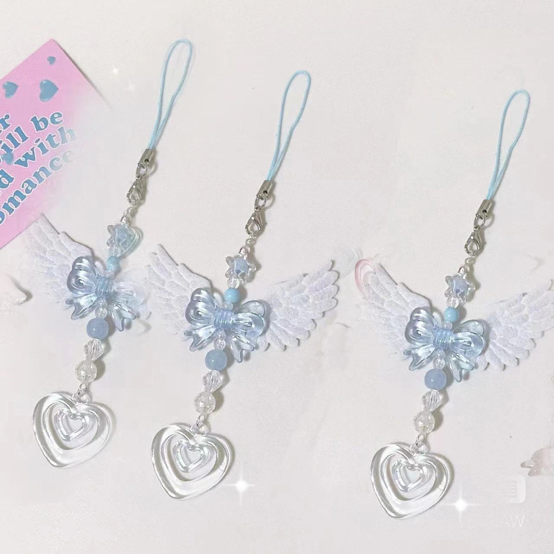 【Blue Angel Wings】Gubon Chain Heart-Shaped Phone Chain Card Holder Pendant Phone Chain in Aqua Blue with Five-Star Beads 【Blue Angel Wings】Gubon Chain Heart-Shaped Phone Chain Card Holder Pendant Phone Chain in Aqua Blue with Five-Star Beads