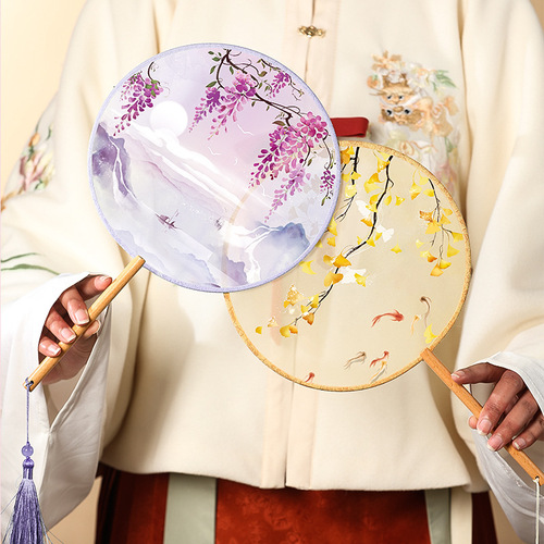 Translucent long-handled fan, ancient-style silk round fan for dance, for women, Chinese-style, Hanfu and qipao ancient costume small round fan