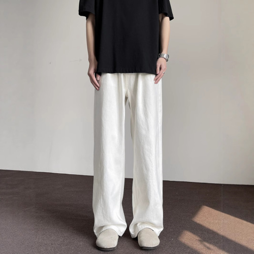 Summer American High Street White Denim Jeans for Men - Advanced Style Loose Straight Leg Wide Leg Floor-Length Versatile Long Pants