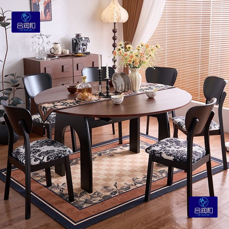 Retro Style Retractable and Variable Round Dining Table French Mid-Century Style Solid Wood Dining Table and Chair Combination Small Apartment Light Luxury Dining Table