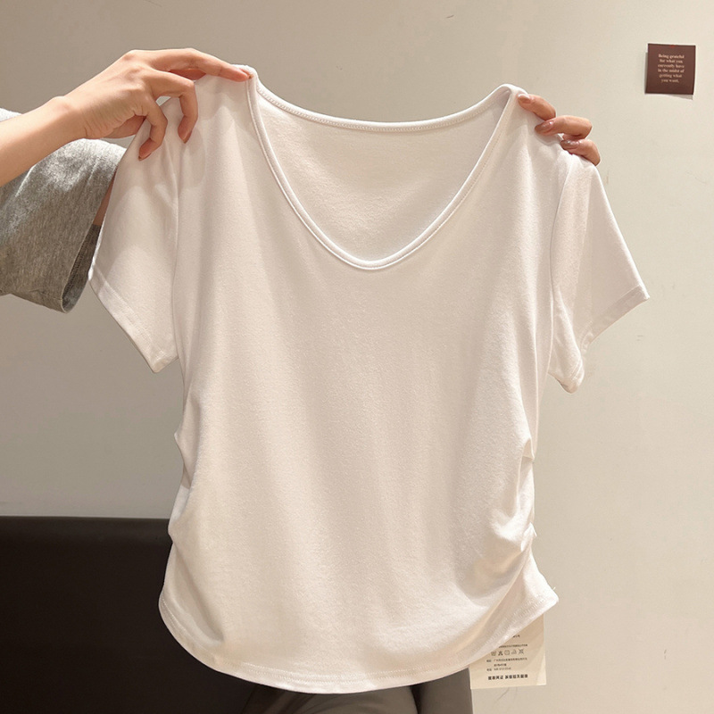 White Low Neck Collarbone Shoulder Short-sleeved T-shirt Women's Summer Small Sweet Spice Girl Pleated Short Top
