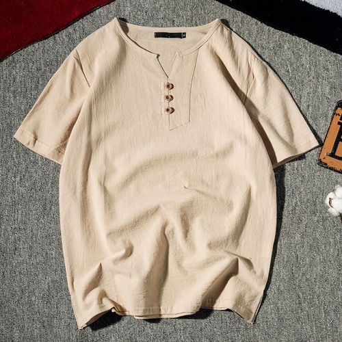 Summer Cotton Linen Short Sleeve T-shirt for Men in Oversized Semi-Shirt Style, Chinese Style Fashion Brand Linen V-Neck Top