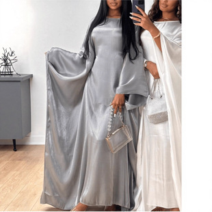 One Piece 2025 New Muslim Women's Fluorescent Fashion Dress Pure Color Export Cross-Border Amazon Robe Europe