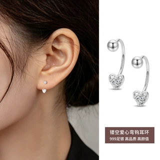 S999足银闪钻耳钉女2026新款爆款养耳洞耳环后挂式拧螺丝耳