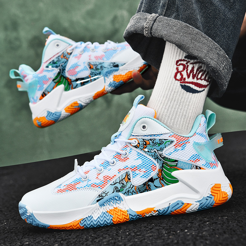Basketball Shoes for Students, Cross-Border Trendy Casual Shoes for Couples, High-Top Color Matching Thick-Soled Men's Lace-Up Practical Sports Shoes