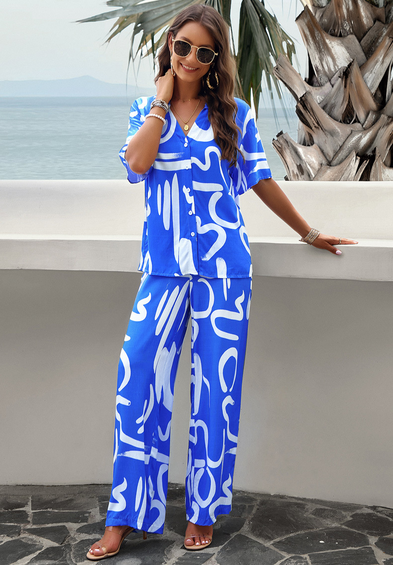 315g Weight Half Sleeve Sleeve Length Spandex Fabric Type Pant Co-ord Set Sets Type 2 Pieces Set Quantity Daily, Beach Occasion Turndown Neckline Slim Fit Type Printing, Geometric Pattern Summer Season Women's Gender Vacation Style Daily Beach Women's Vacation Printing Geometric Spandex Pant Co-ord Set Pants Sets 11