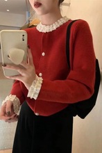 冬季新款韩版时尚设计感气质法式边宫廷风针织毛衣开衫