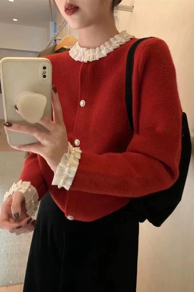 冬季新款韩版时尚设计感气质法式边宫廷风针织毛衣开衫