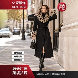 定制欧美跨境秋冬仿皮草豹纹毛领黑色双面呢大衣双排扣显瘦外套