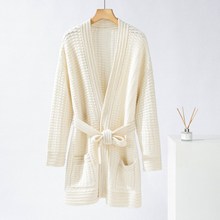 鄂尔多斯市100纯山羊绒V领中长款双股加厚女式外套开衫毛衣家居服