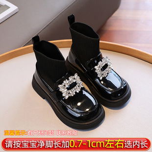 Girls' boots 2024 new fly-knit short boots spring and autumn children's western style rhinestone small leather shoes black socks boots