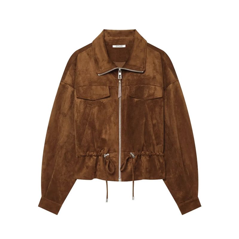 UNIZERA Women's 2026 Summer New Amber Glow Style Suede Drawstring Short Casual Jacket 160007