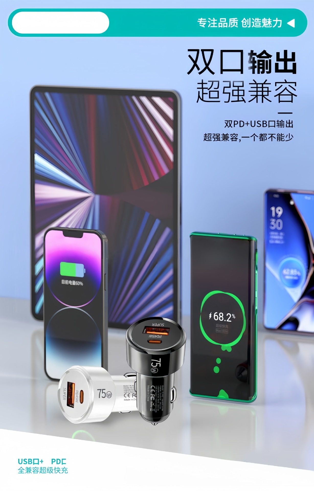 Cross-Border Exclusive Supply of 75W Car Charger A+C Dual-Port Car Phone Charger with Dual Fast Charging Usb+Pd Cigarette Lighter