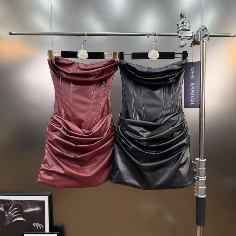 Spring 2026 Cool and Spicy Design Niche Pu Pleated Fishbone Waist Leather Wrap Dress