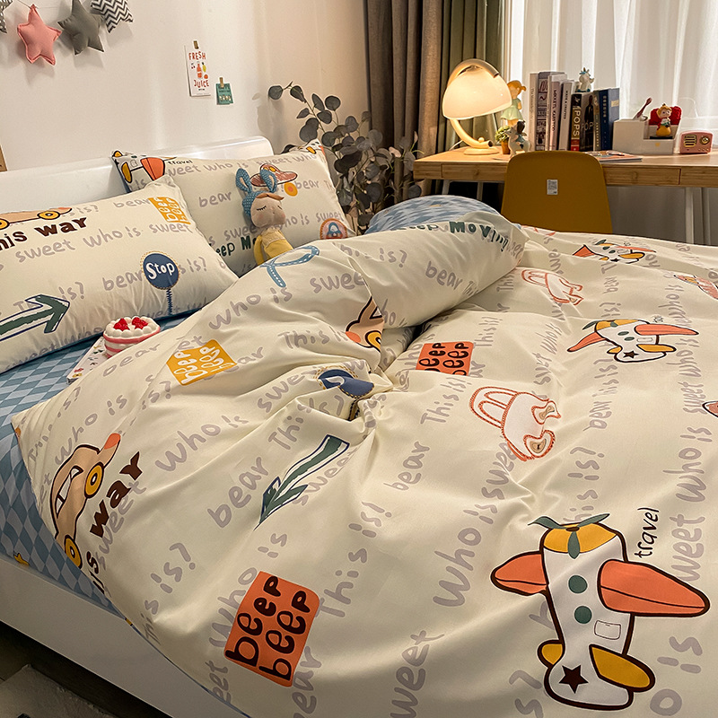 男孩小汽车四件套纯棉卡通床上用品全棉被套儿童床单三件套1.35米