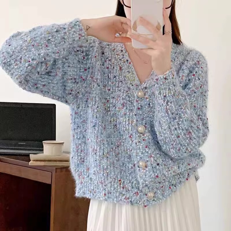 秋冬新款小香风气质短款针织开衫女韩版甜美彩点V领毛衣外套上衣|undefined