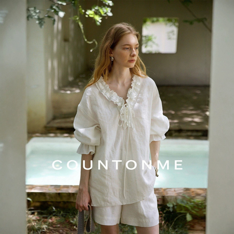 Countonm French Romantic/Relaxed Linen Handmade Ruffled V-Neck Tie Shirt