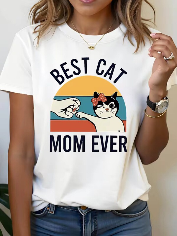 Women's short-sleeve t-shirt with funny cat print, "Best Cat Mom Ever," letter print, sailor collar, casual daily top Women's short-sleeve t-shirt with funny cat print, "Best Cat Mom Ever," letter print, sailor collar, casual daily top