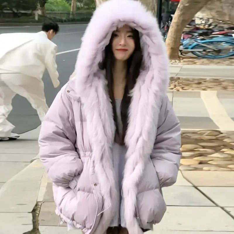 时尚百搭可拆卸仿狐狸毛领羽绒服女冬季2025新款90白鸭绒加厚外套|undefined