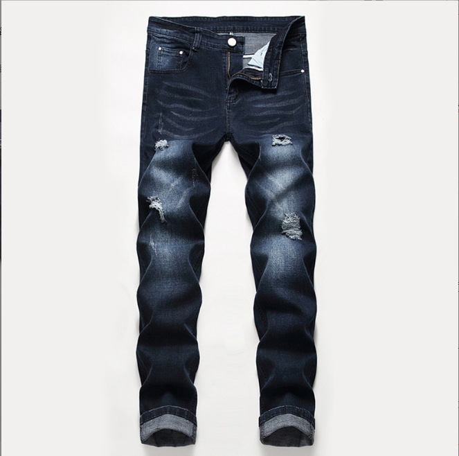 Men's Distressed Black Stretch Jeans Plus Size Light Color Trendy Mid Waist Wide Leg Trousers Machine Washable Cotton_voghion.com