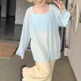 夏季新款纯色显瘦百搭清新甜美镂空针织衫女设计感慵懒风防晒罩衫