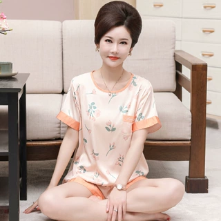 短袖短裤中年女士睡衣夏季薄款冰丝夏天丝绸妈妈休闲加大码家居服