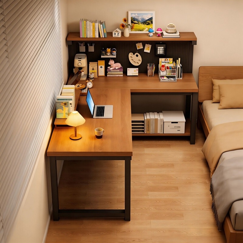 Corner Pegboard Desk with Bookshelf, Integrated Table for Bedroom, Student Home Computer Desk, Corner Table, Office L-Shaped Desk