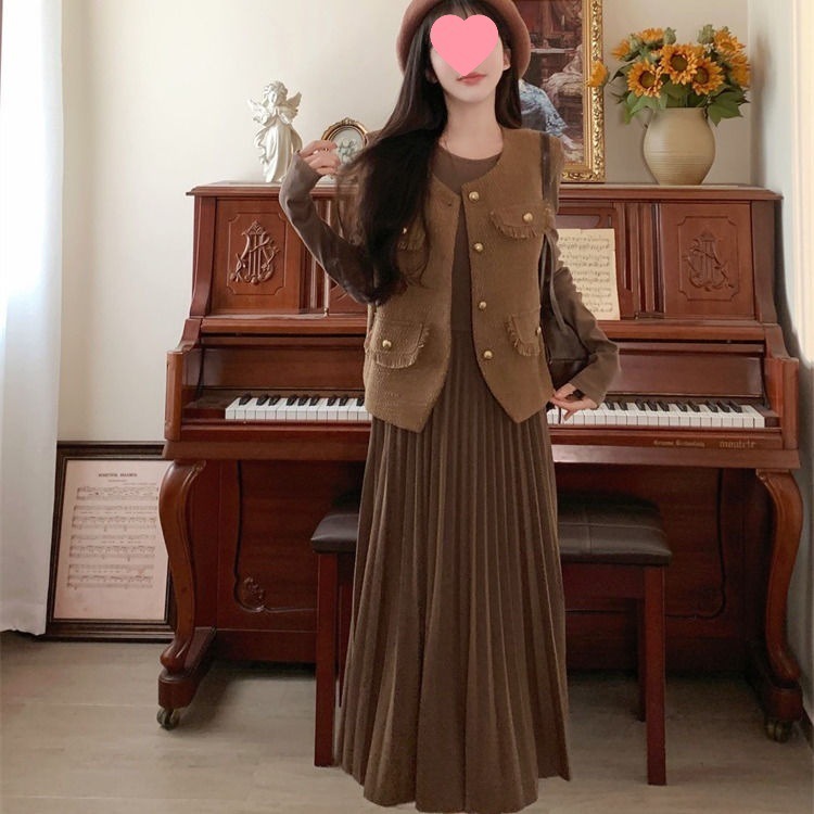 新款高领长袖两件套套装气质女神范显瘦休闲感法式马甲|undefined