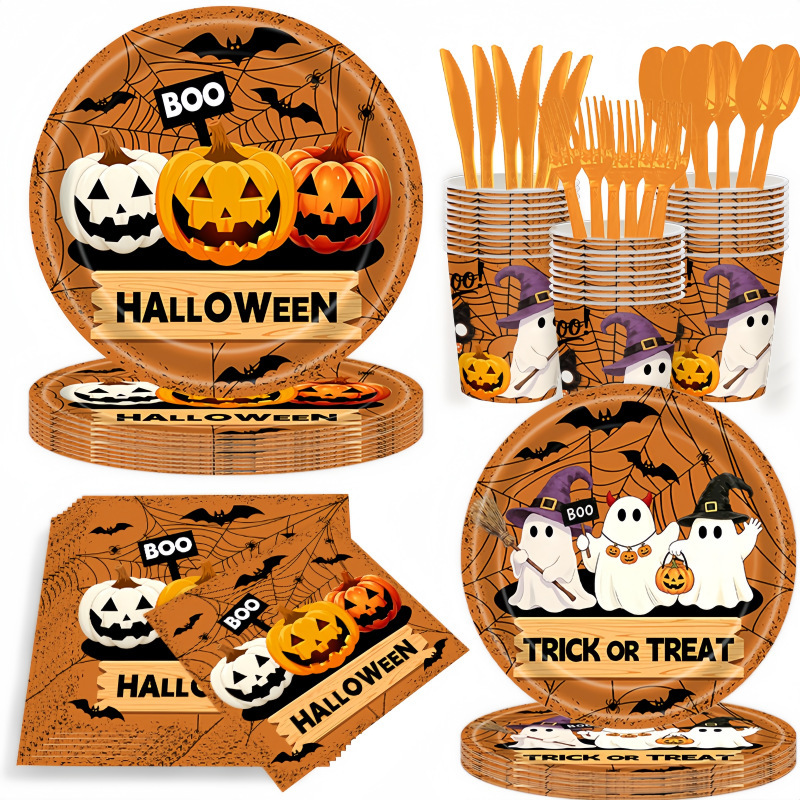 New Halloween Cartoon Ghost Pumpkin Disposable Paper Plates, Cups, and Napkin Set for Holiday Party Supplies