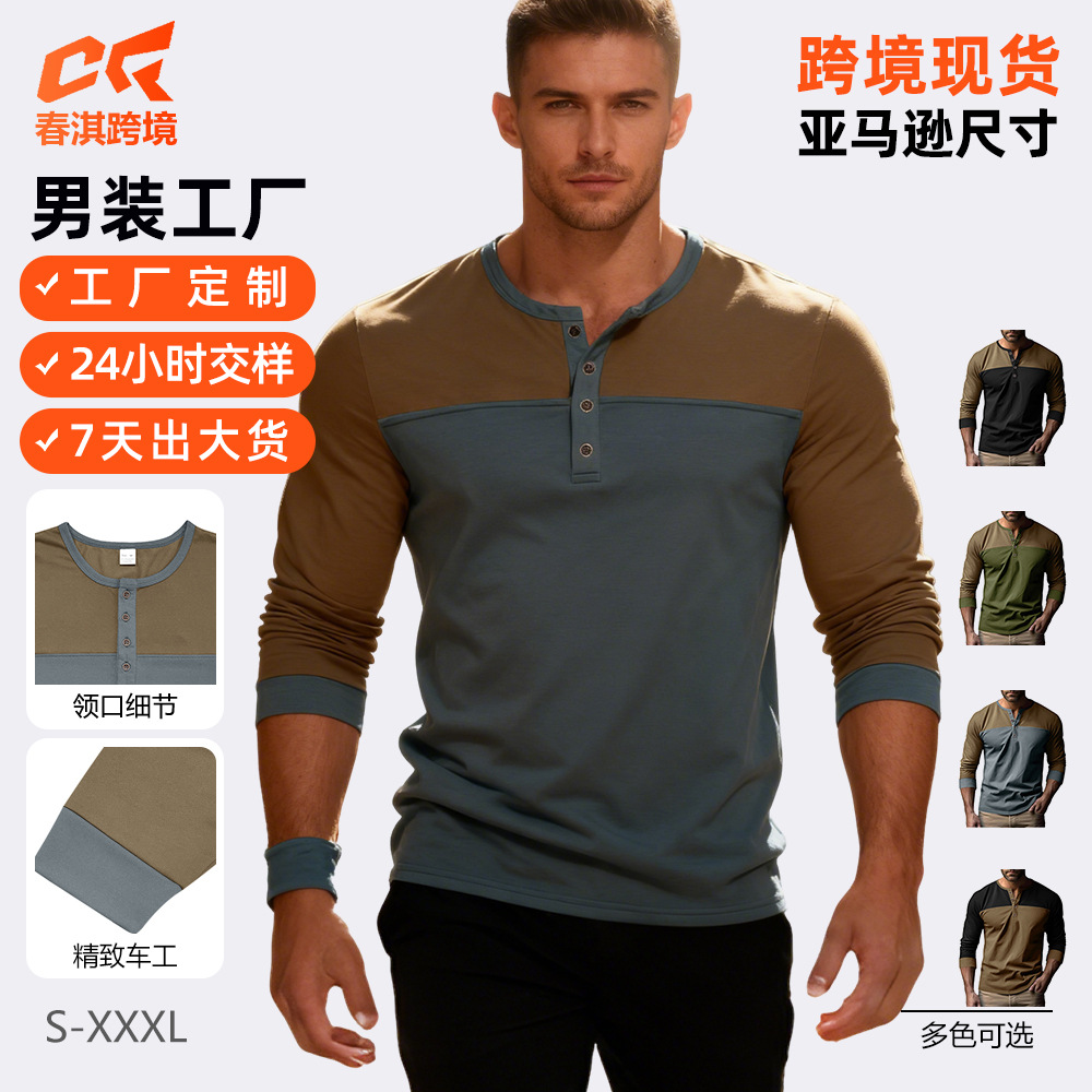 Transfronterizo de hombre nuevo Amazon tamaño europeo americano retro colorado Henry cuello camiseta de manga larga camiseta de hombre