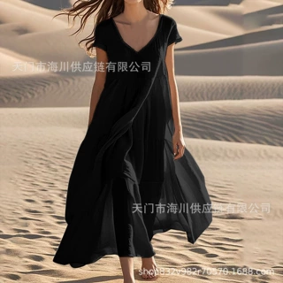 2026秋冬欧美外贸女装扣子棉麻复古休闲长袖连衣裙大摆长裙多色