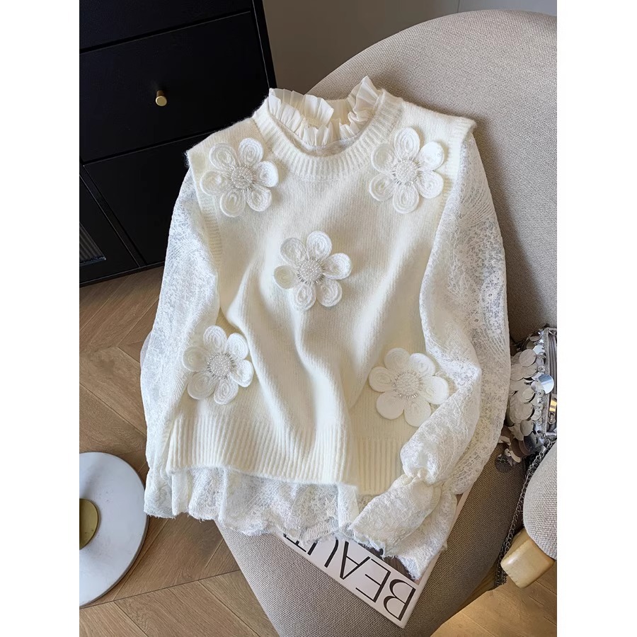 chaleco de punto de cuello redondo primavera y otoño nuevo tipo suave flor tridimensional doblada para usar clip suéter suelto chaleco de mujer