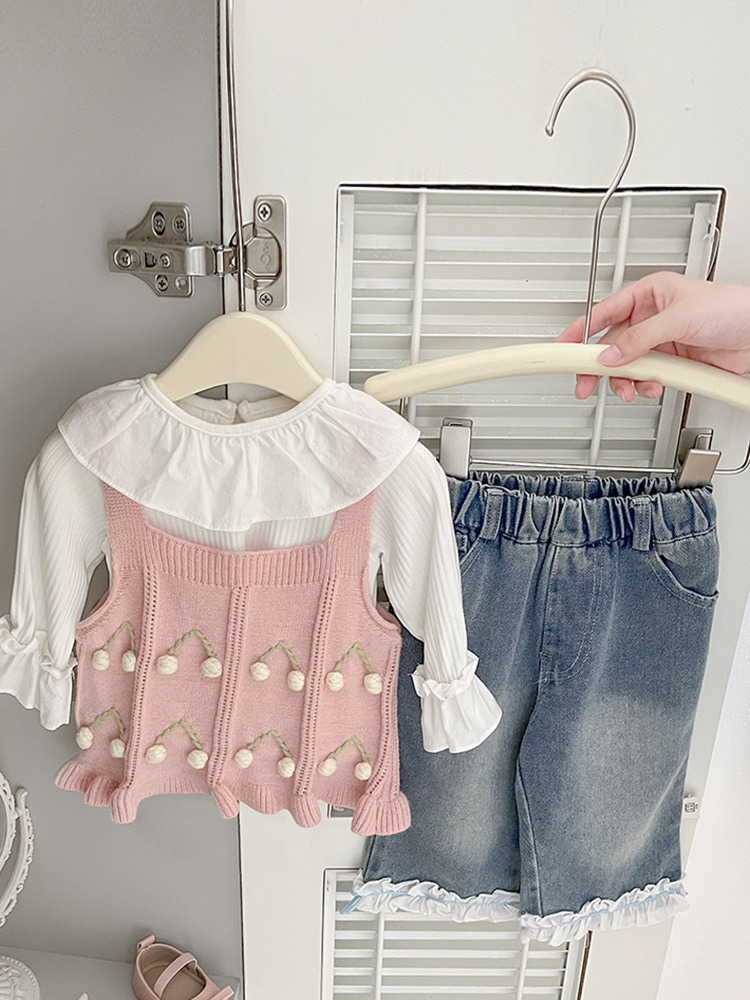 2025 otoño nuevo chaleco de lana dulce para niñas camisa de punto para bebés camisa de hombro suéter para bebés chaleco